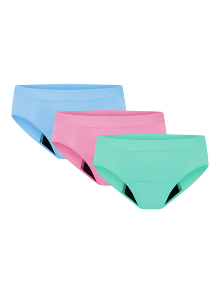 Modibodi Teen Hipster Boyleg Period Knickers, Pack of 3, Pink/Blue/Green, Pink/Blue/Green