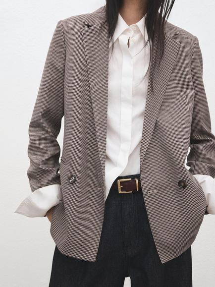 Mango Charlotte Micro Houndstooth Jacket, Dark Red/White, Dark Red/White