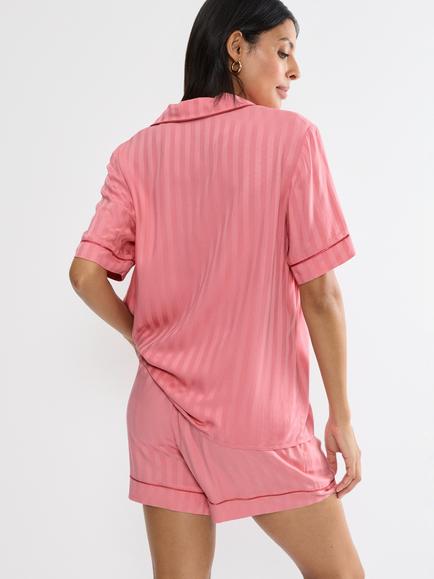 Triumph Stripe Jacquard Boyfriend Shirt Pyjama Top, Cherry Rose - view 2, Cherry Rose