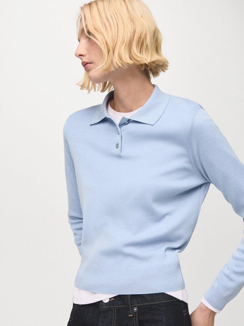 Product image 1 of 7, which shows Mango Fine Knit Polo Jumper, Pastel Blue, L