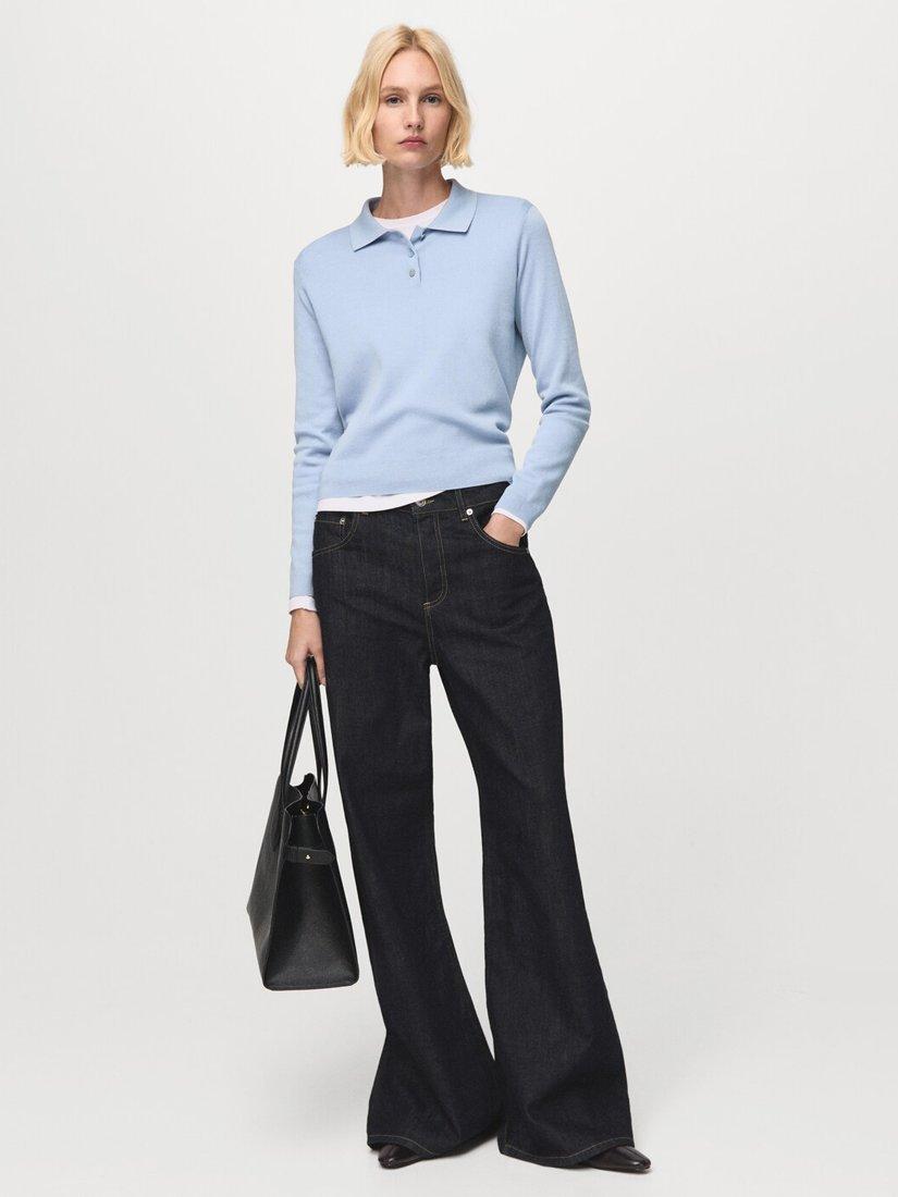 Product image 3 of 7, which shows Mango Fine Knit Polo Jumper, Pastel Blue, L