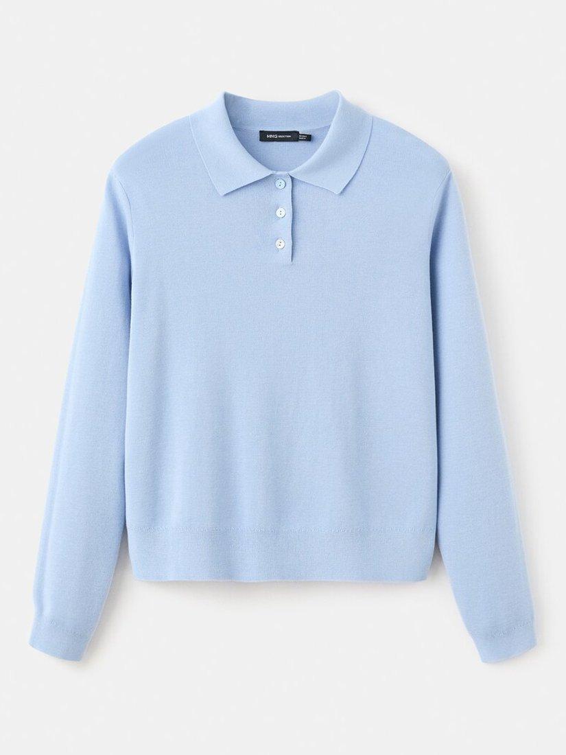 Product image 5 of 7, which shows Mango Fine Knit Polo Jumper, Pastel Blue, L