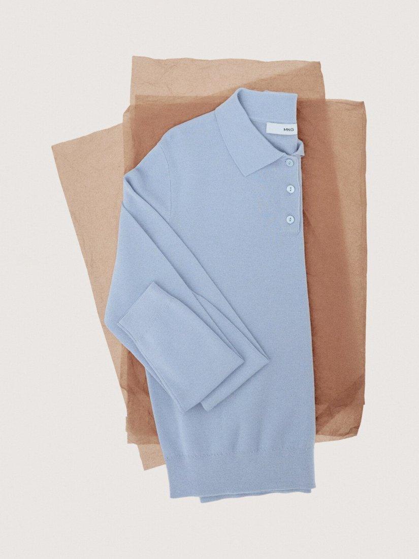Product image 6 of 7, which shows Mango Fine Knit Polo Jumper, Pastel Blue, L