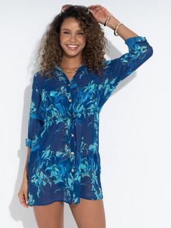 Pour Moi Chiffon Button Through Beach Shirt, Navy/Multi, Navy/Multi