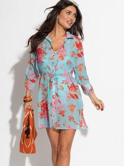 Pour Moi Floral Chiffon Beach Shirt, Aqua/Orange, Aqua/Orange