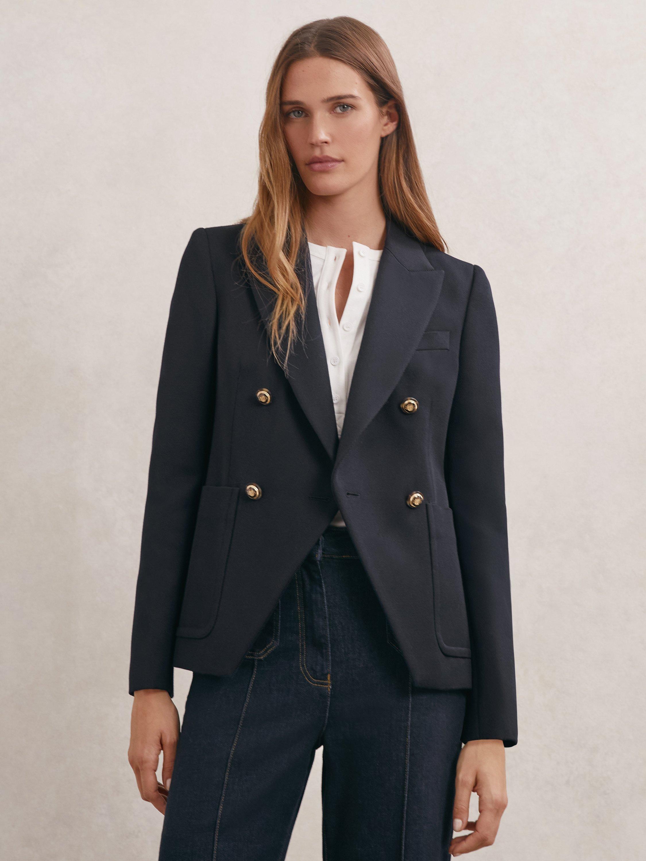 Product image 5 of 5, which shows Reiss Gigi Double Breasted Wool Blend Jacket, Navy, 6