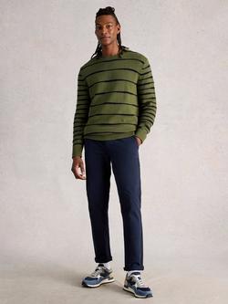 White Stuff Crew Neck Knitted Stripe Organic Cotton Jumper, Green Khaki, Green Khaki