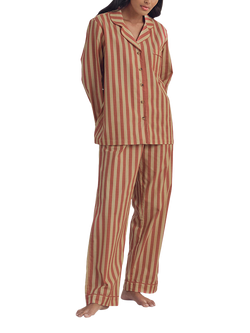 Piglet in Bed Pembroke Stripe Linen Rich Button Through Long Pyjama Set, Sandstone Red, Sandstone Red