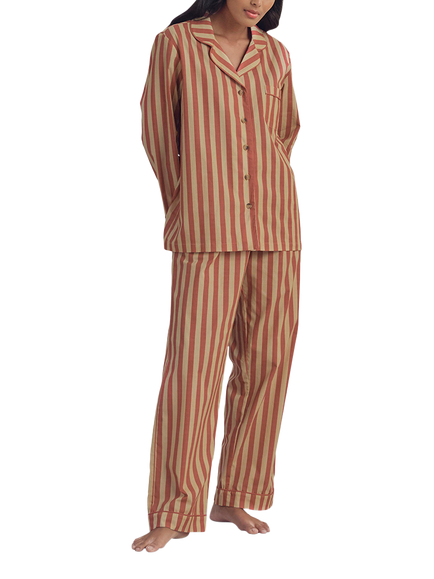 Piglet in Bed Pembroke Stripe Linen Rich Button Through Long Pyjama Set, Sandstone Red, Sandstone Red