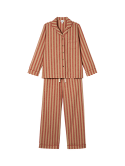 Piglet in Bed Pembroke Stripe Linen Rich Button Through Long Pyjama Set, Sandstone Red - view 2, Sandstone Red