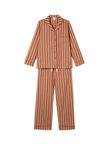 Piglet in Bed Pembroke Stripe Linen Rich Button Through Long Pyjama Set, Sandstone Red - view 2, Sandstone Red