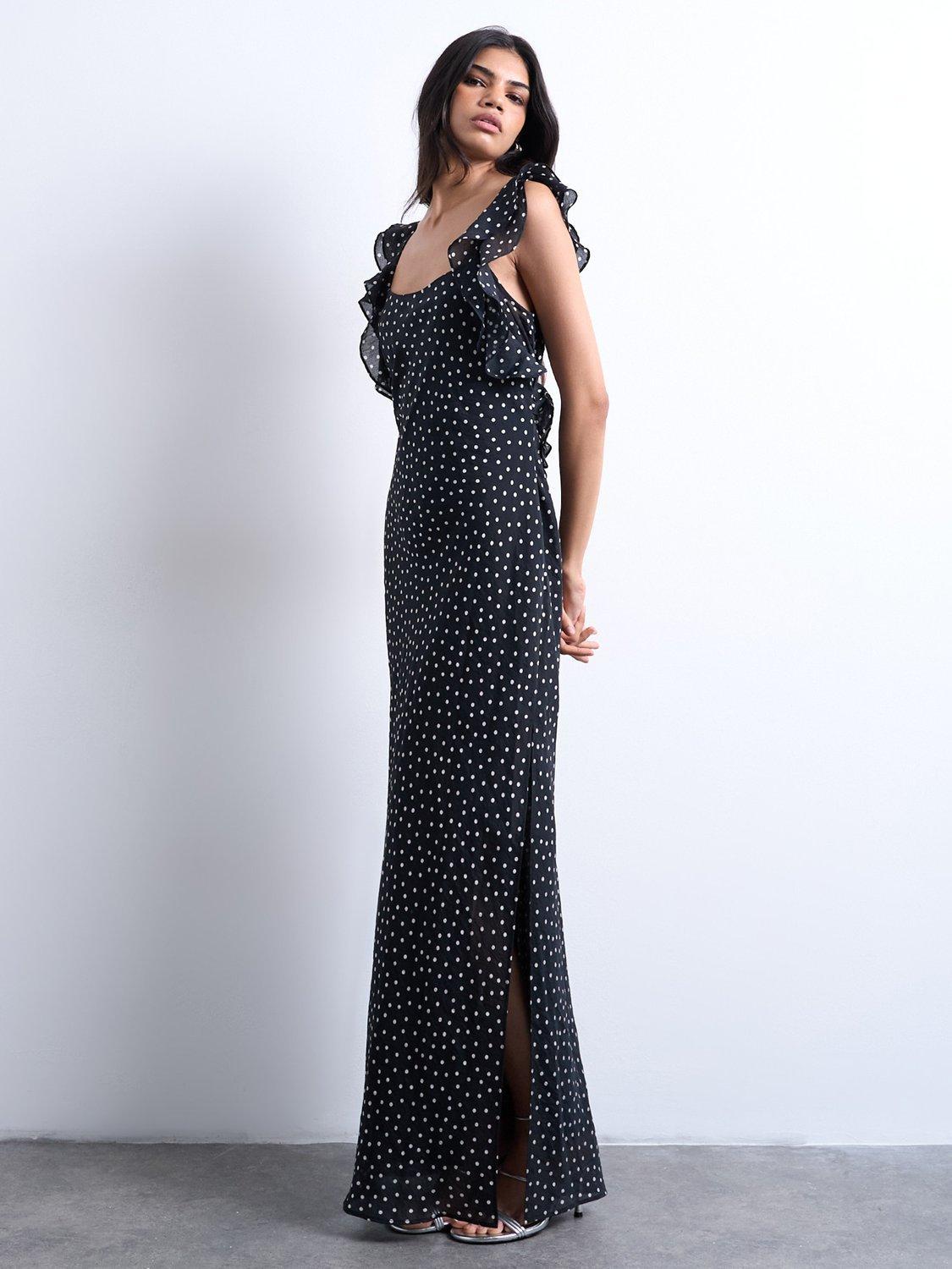 Topshop Polka Dot Ruffle Slip Dress, Black/White