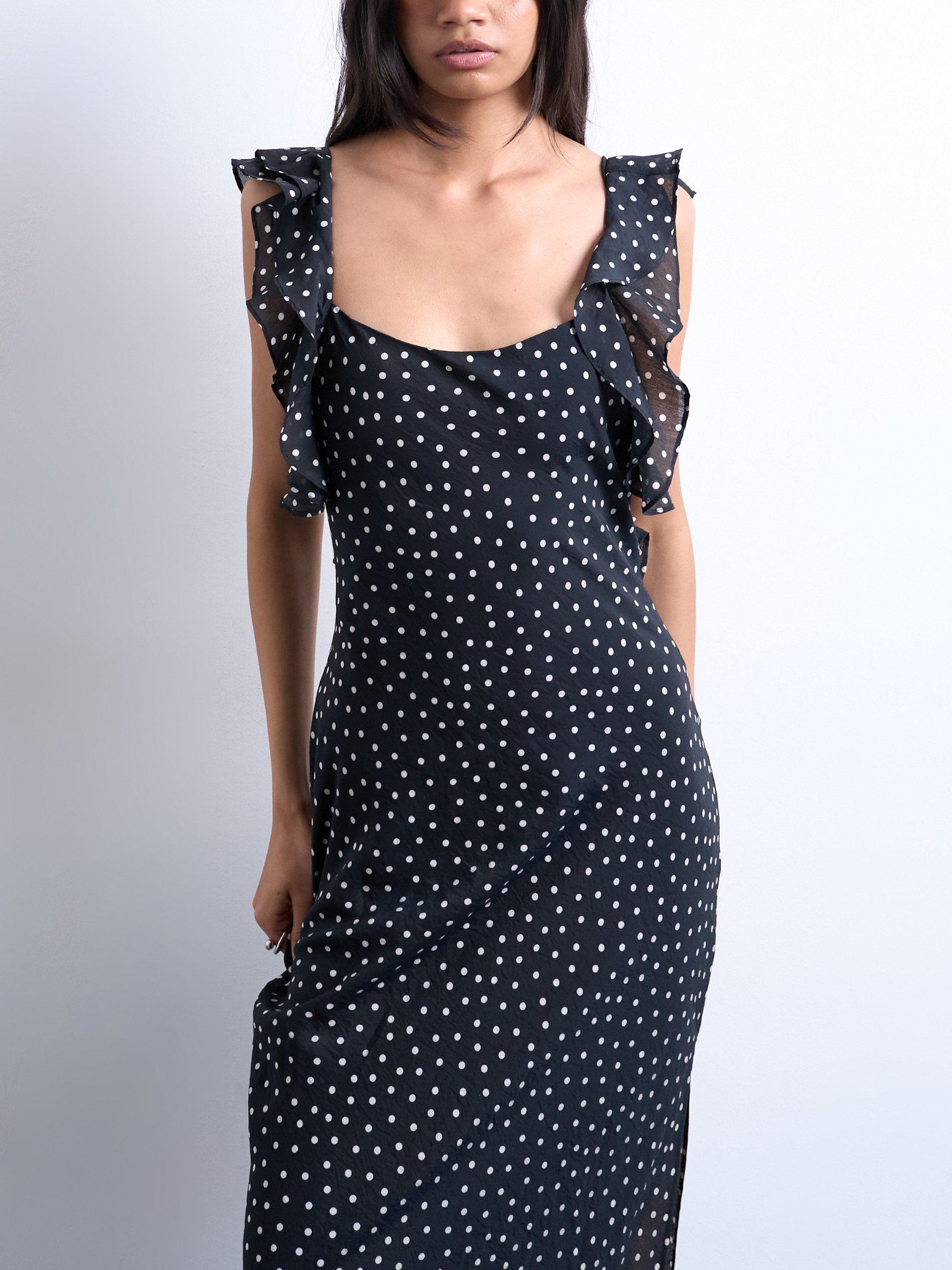 Topshop Polka Dot Ruffle Slip Dress, Black/White