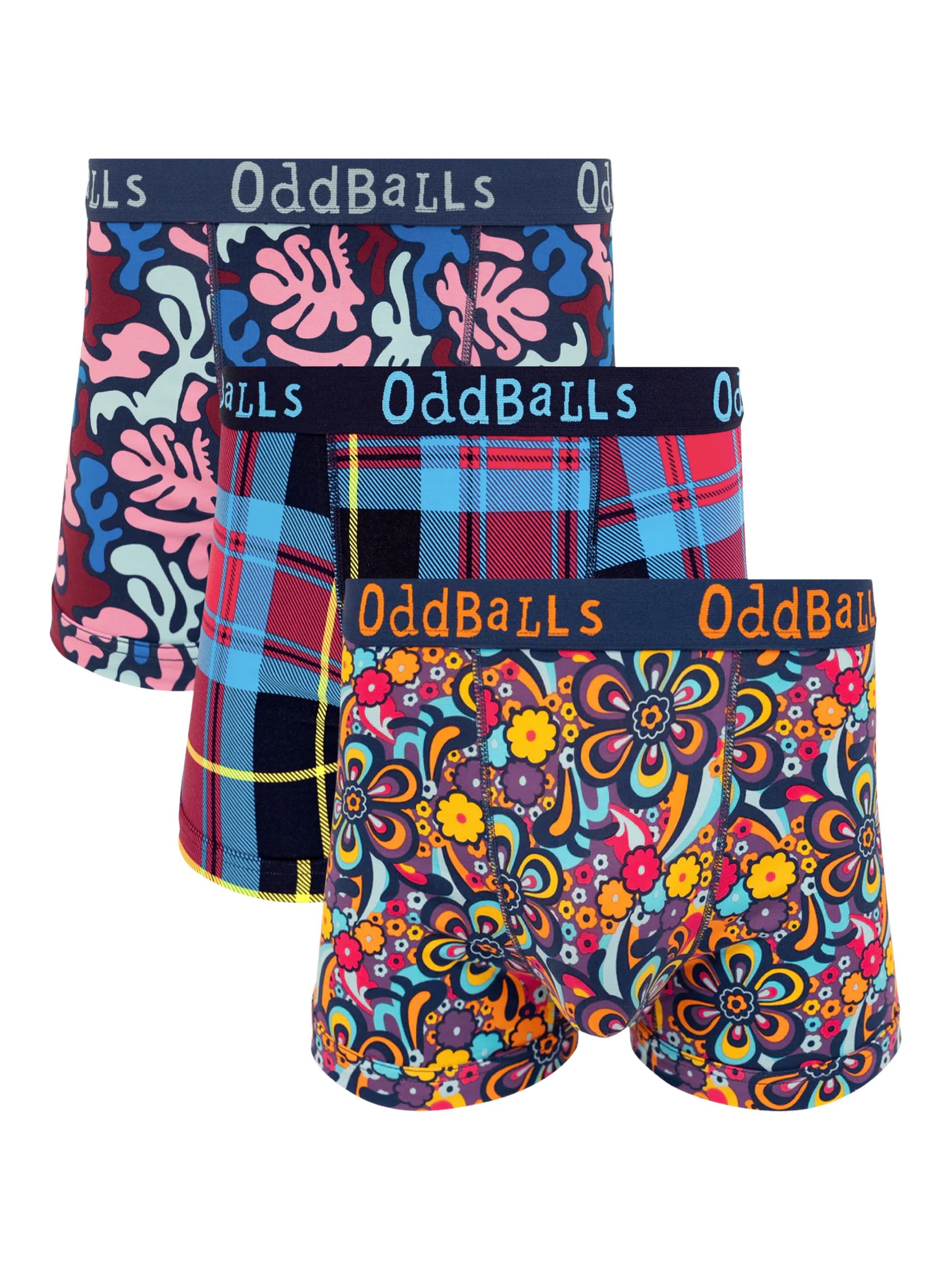 Product image 1 of 7, which shows OddBalls Mixed Cotton Blend Boxers, Pack of 3, Multi, S