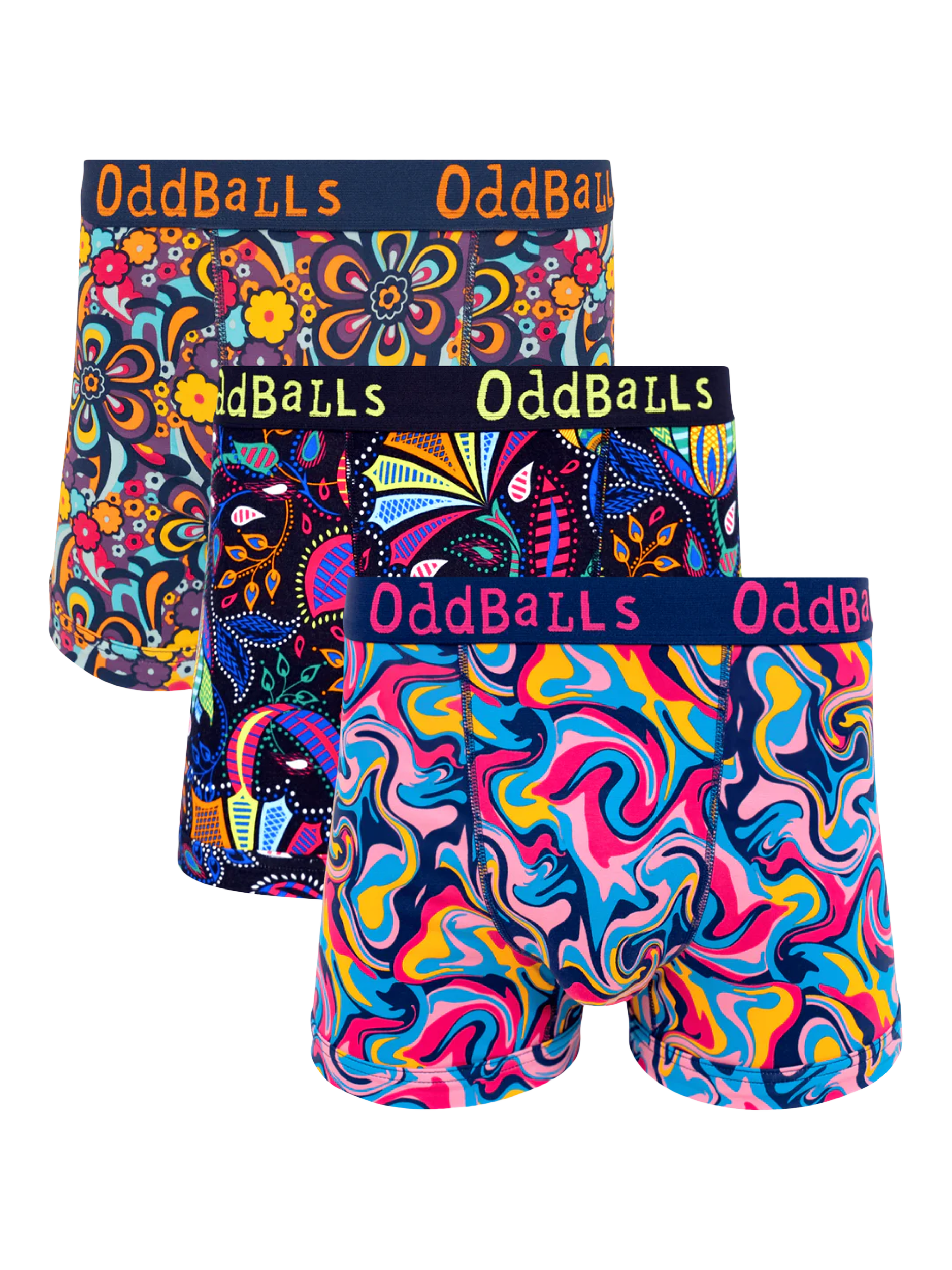 Product image 1 of 8, which shows OddBalls Mixed Cotton Blend Boxers, Pack of 3, Multi, S