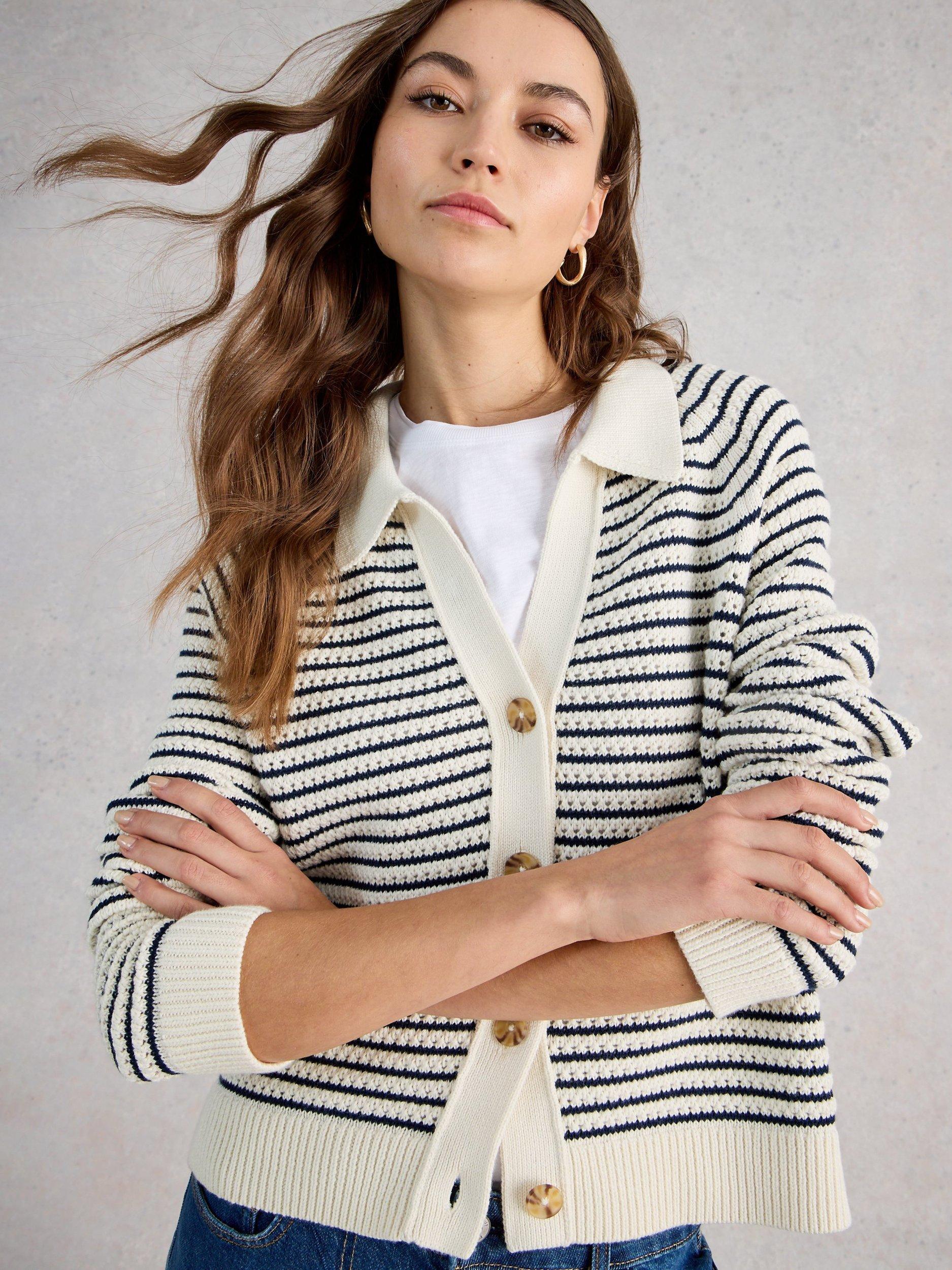Product image 3 of 6, which shows White Stuff Chaterly Textured Stripe Cardigan, Ivory/Multi, S