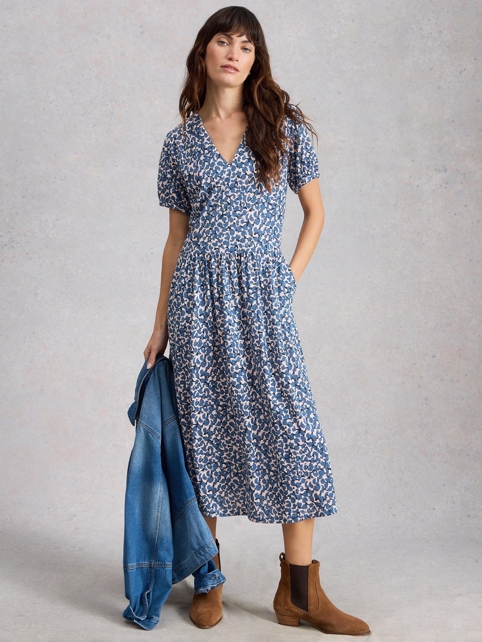 Product image 1 of 6, which shows White Stuff Leah Abstract Jersey Dress, Blue/Multi, 6