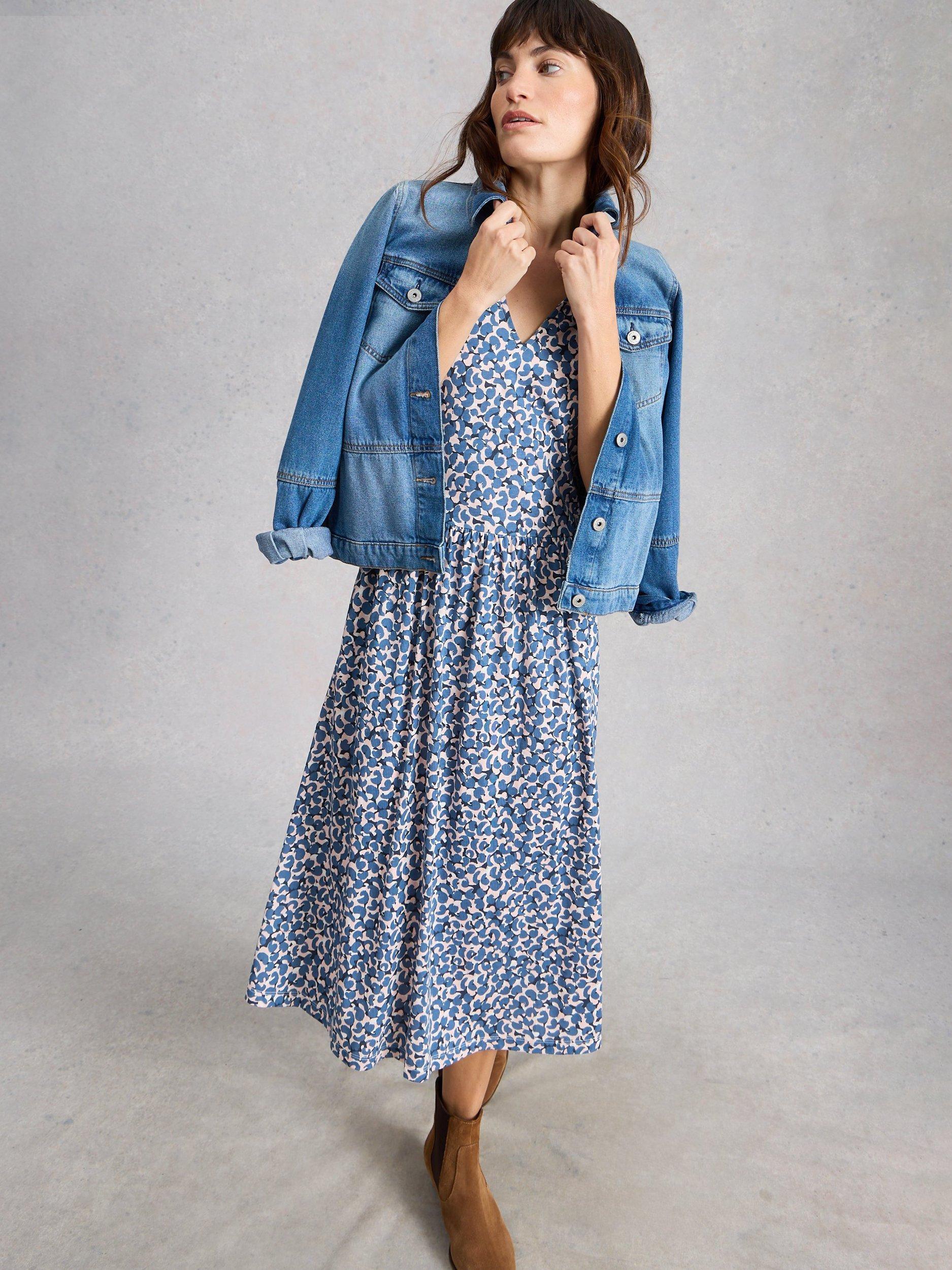 Product image 4 of 6, which shows White Stuff Leah Abstract Jersey Dress, Blue/Multi, 6