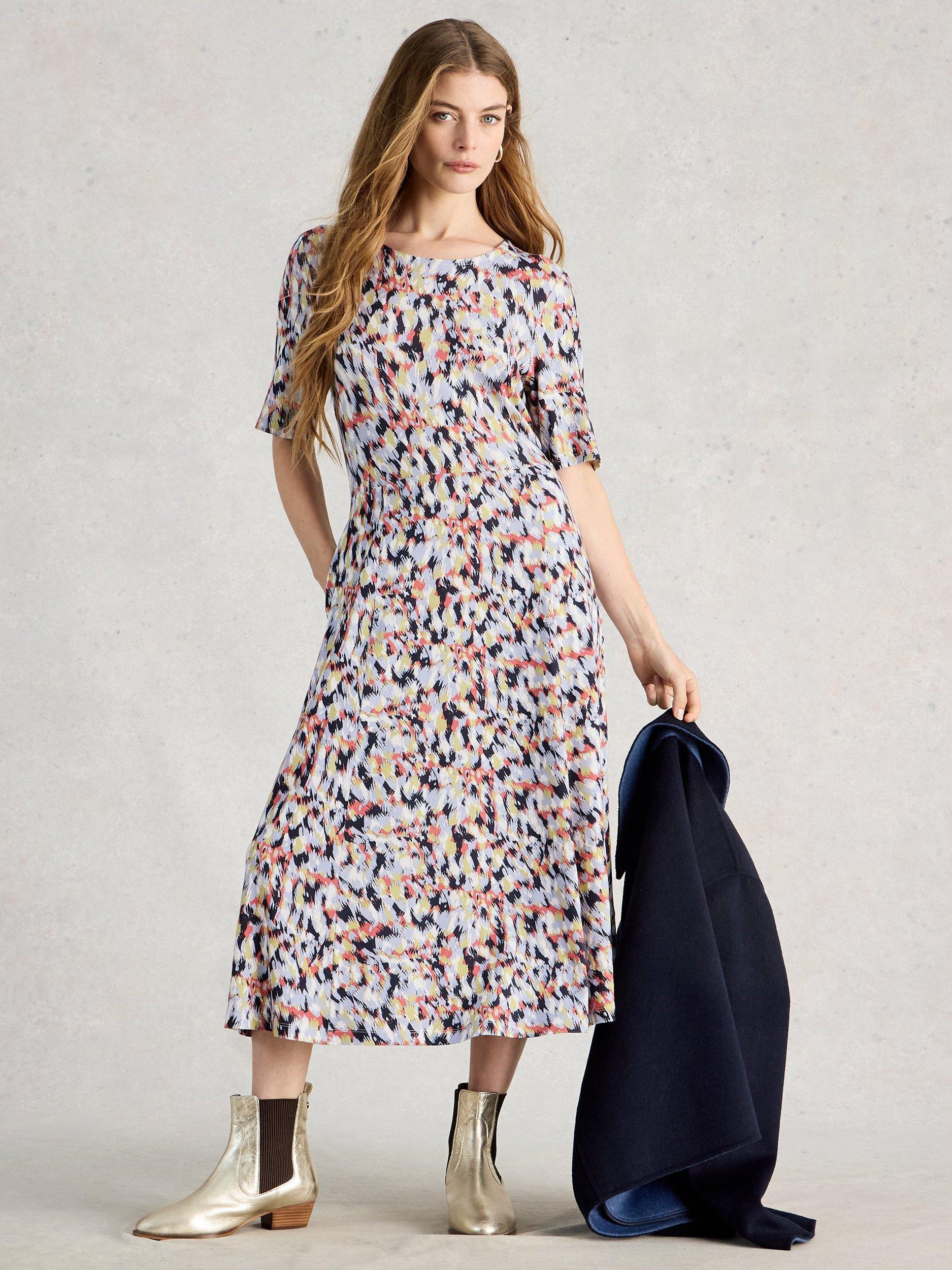 Product image 1 of 6, which shows White Stuff Madeline Abstract Jersey Dress, Blue/Multi, 6