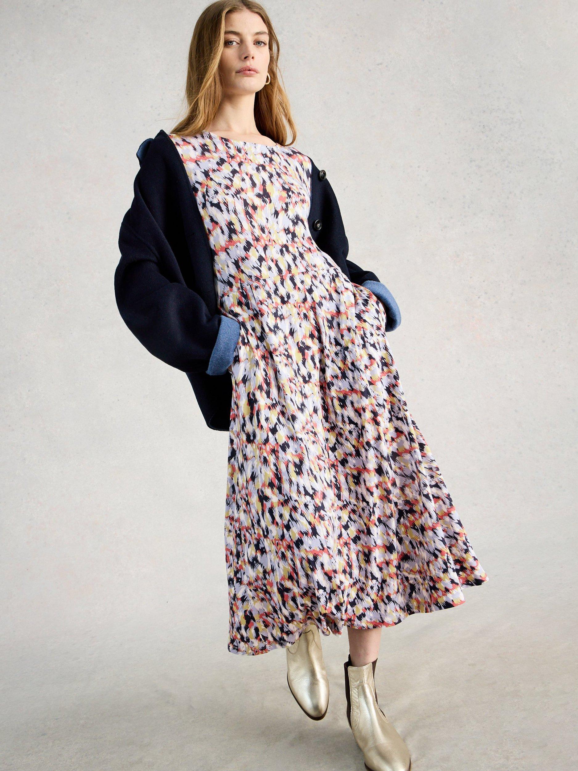 Product image 3 of 6, which shows White Stuff Madeline Abstract Jersey Dress, Blue/Multi, 6