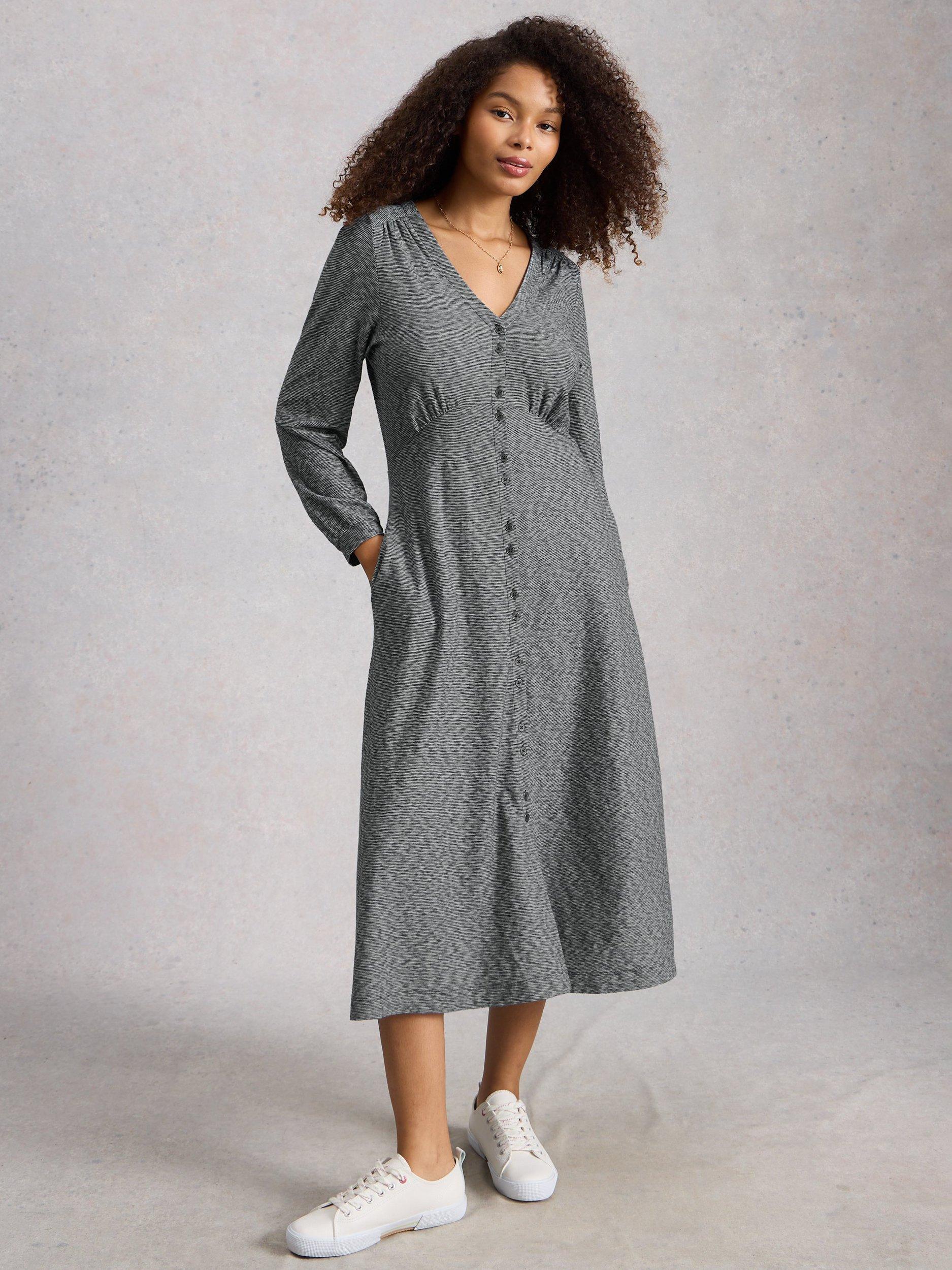 Product image 1 of 6, which shows White Stuff Megan Cotton Button Down Midi Dress, Navy/Multi, 6