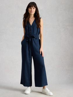 White Stuff Betty Tie Waist Pure Linen Jumpsuit, Midnight Blue, Midnight Blue