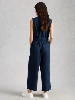 White Stuff Betty Tie Waist Pure Linen Jumpsuit, Midnight Blue - view 2, Midnight Blue