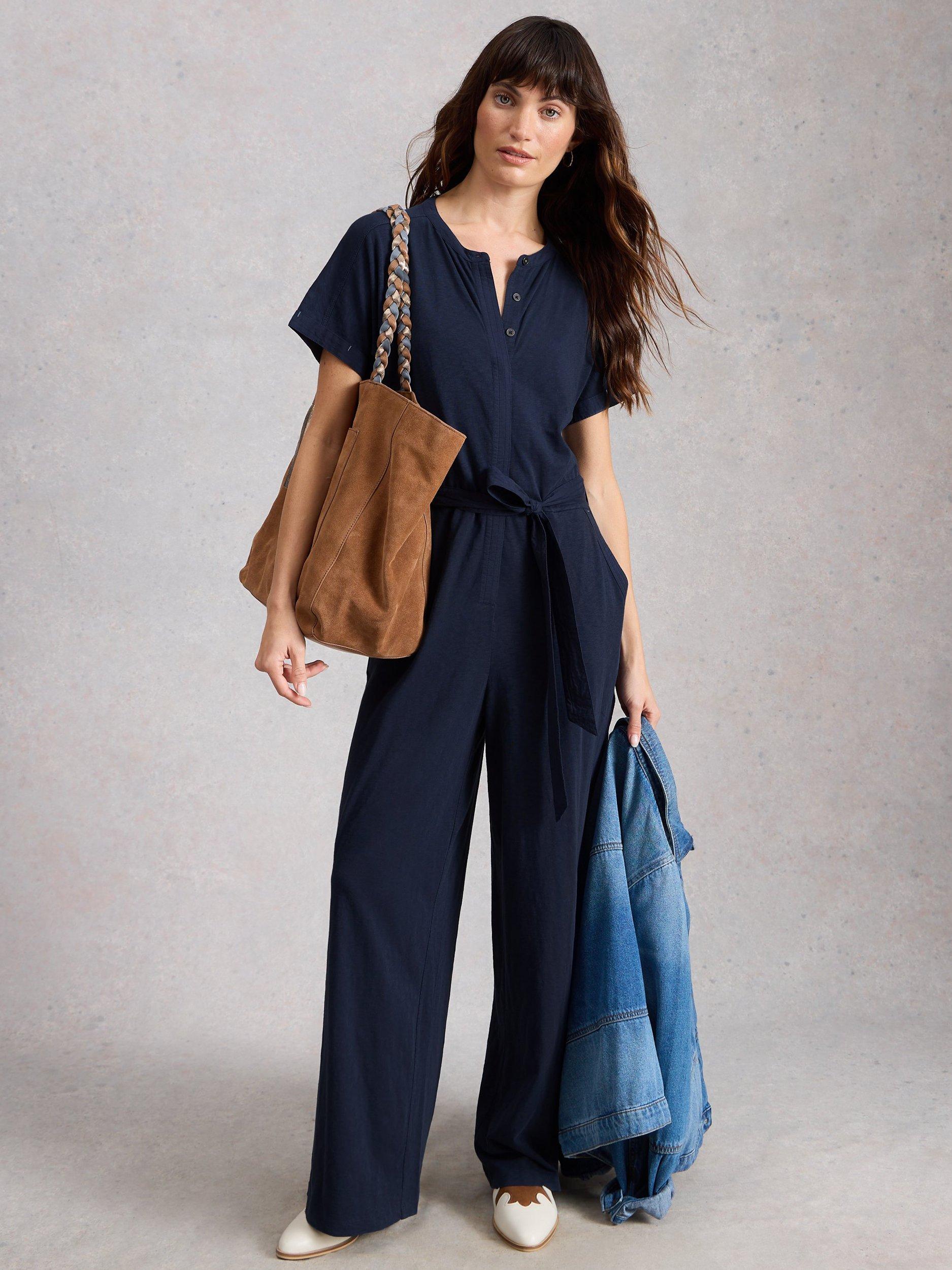 Product image 1 of 6, which shows White Stuff Sandy Cotton Jumpsuit, Navy, 6S