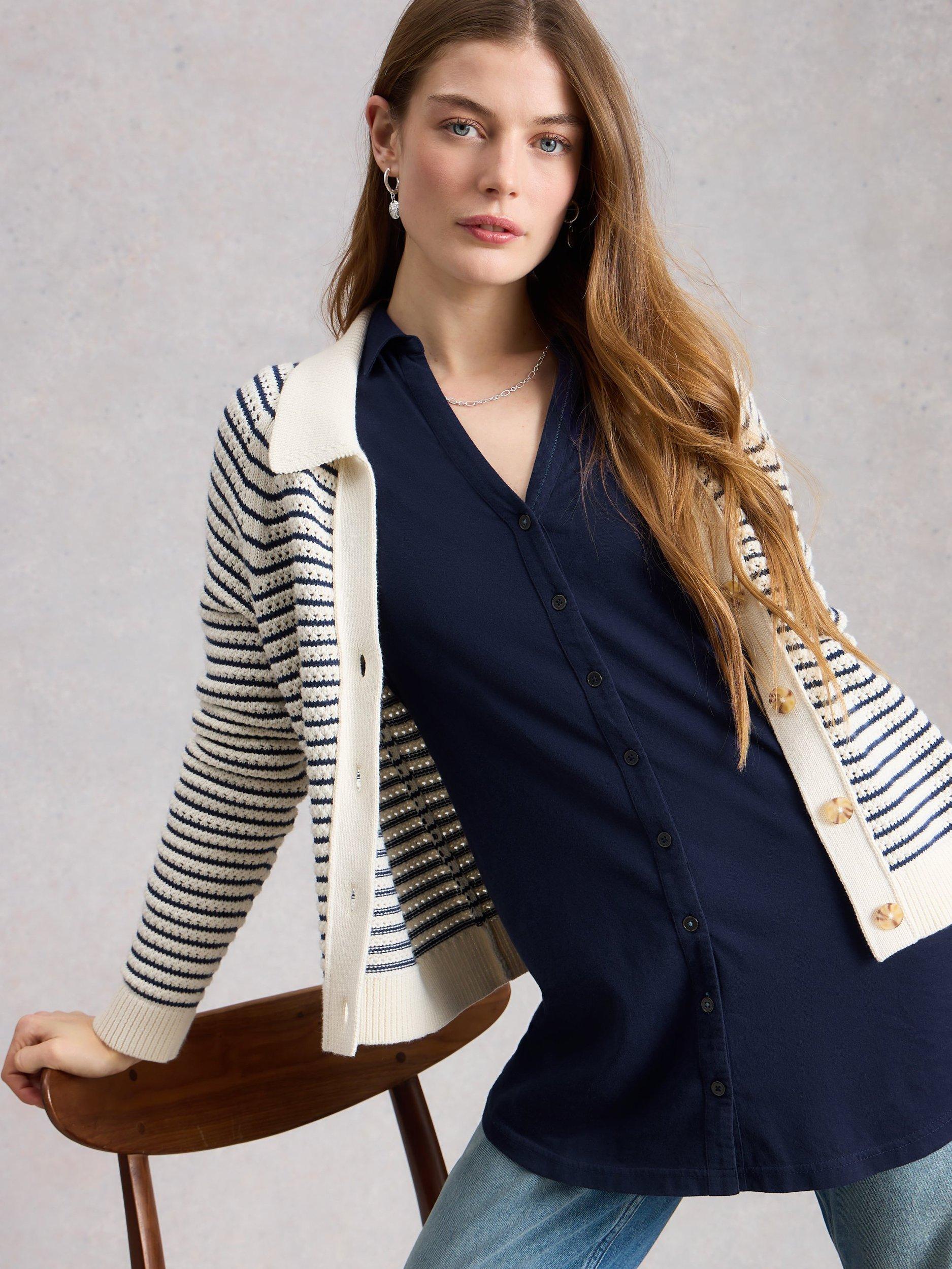 Product image 4 of 6, which shows White Stuff Annie Jersey Longline Shirt, Navy, 6