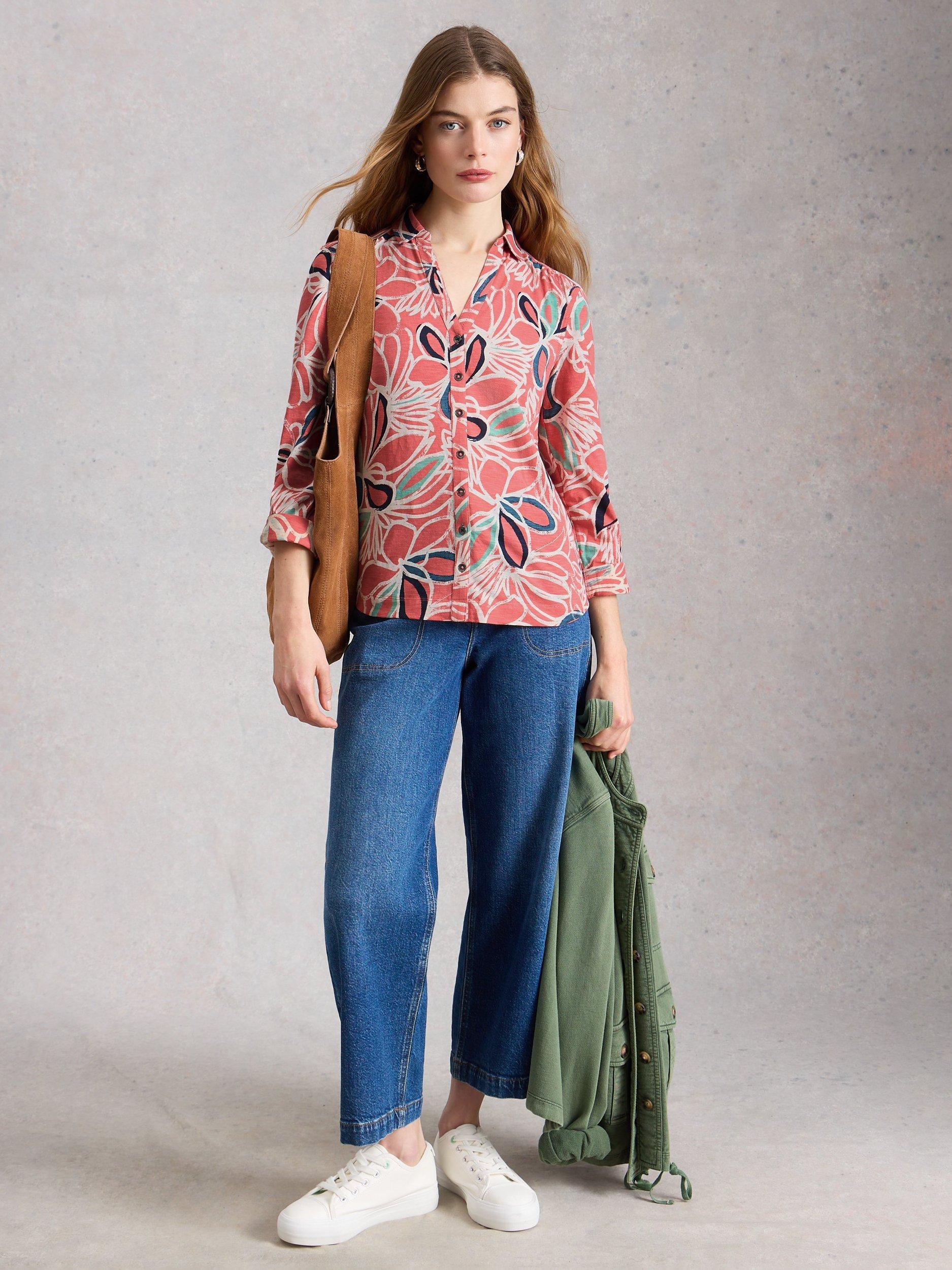 Product image 1 of 6, which shows White Stuff Annie Abstract Jersey Shirt, Pink/Multi, 6