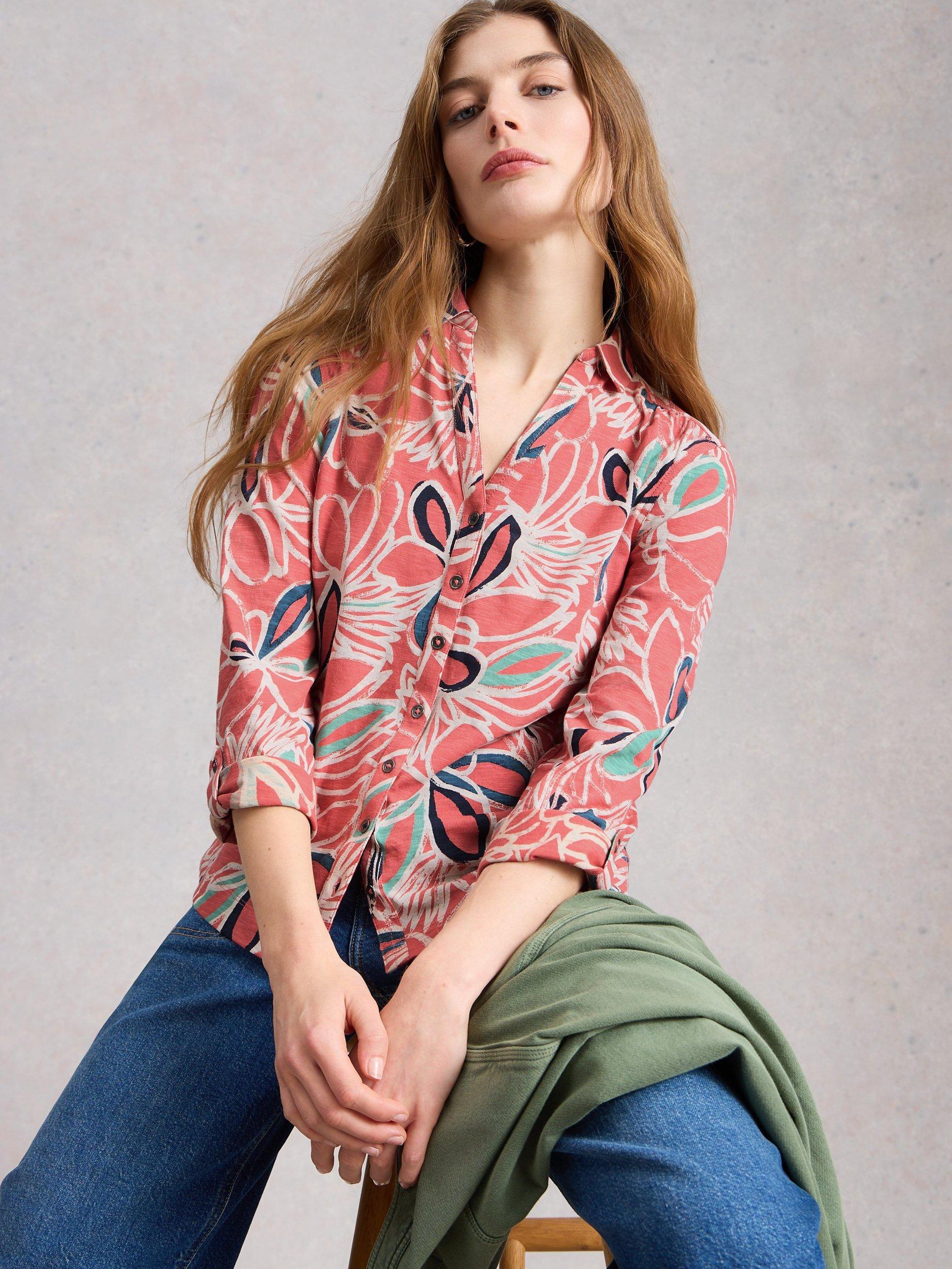 Product image 4 of 6, which shows White Stuff Annie Abstract Jersey Shirt, Pink/Multi, 6