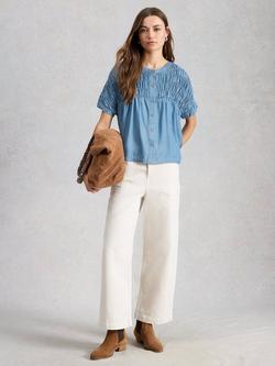 White Stuff Tammie Shirred Denim Shirt, Light Blue, Light Blue