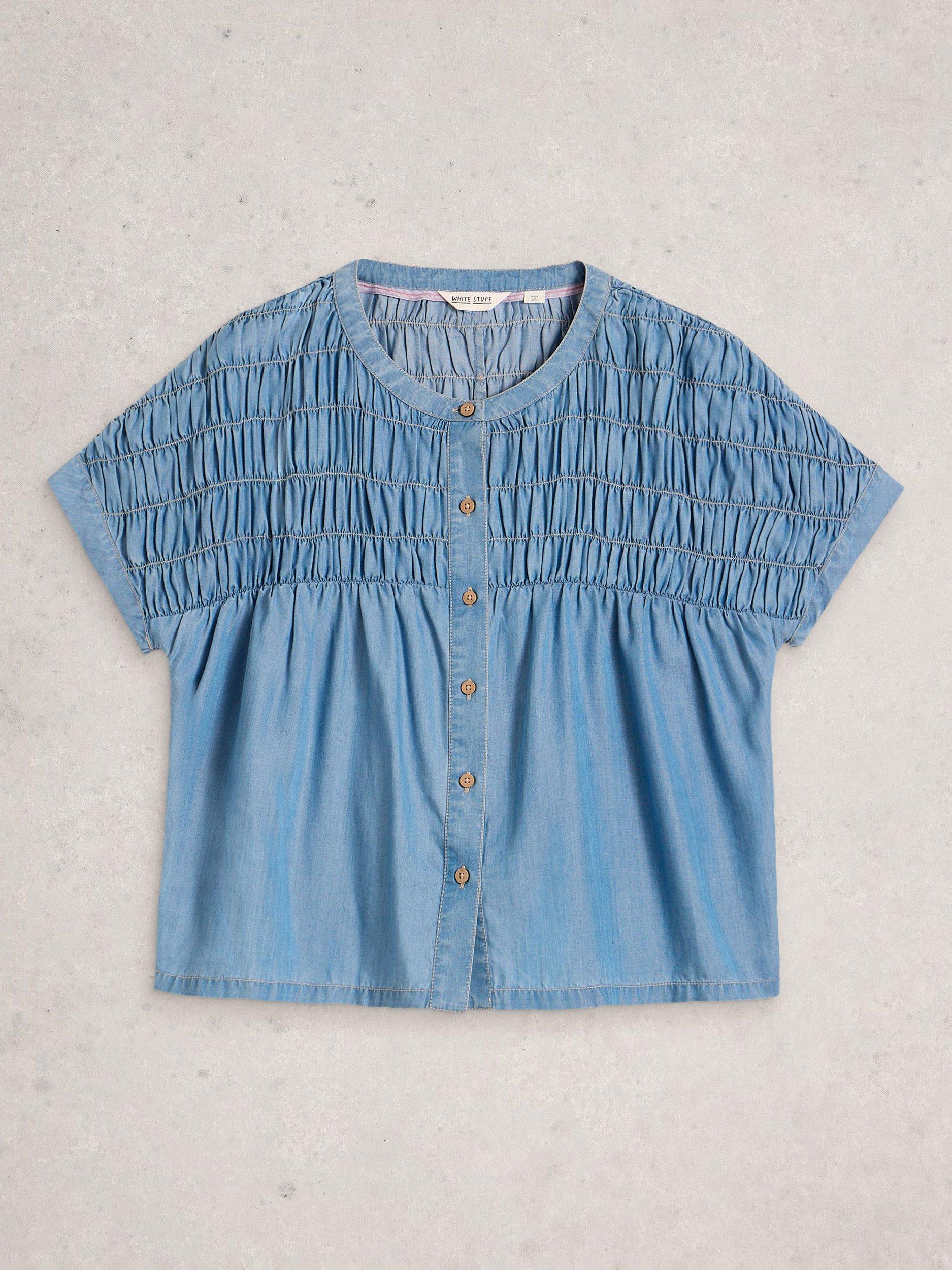 White Stuff Tammie Shirred Denim Shirt, Light Blue
