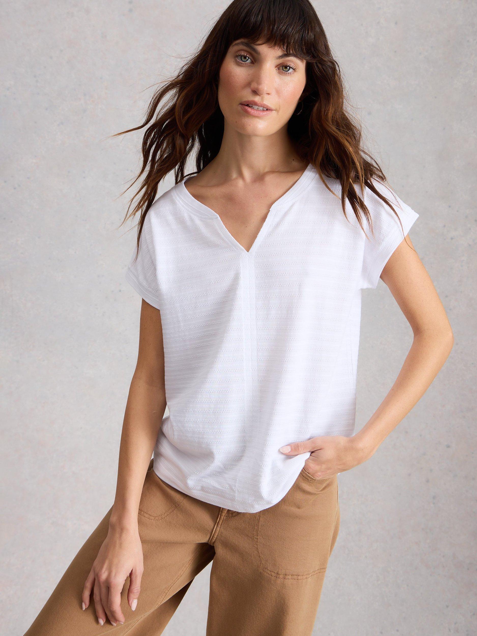 Product image 1 of 6, which shows White Stuff Textured Cotton Notch V-Neck T-Shirt, White, 6