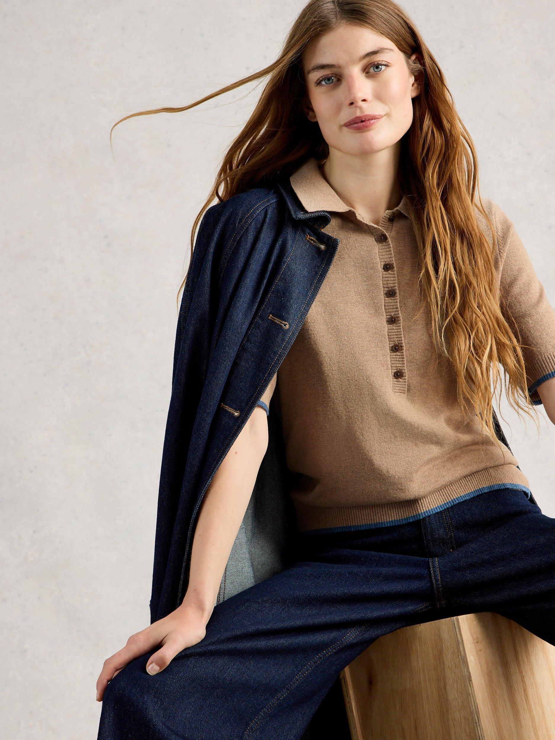 Product image 4 of 6, which shows White Stuff Poppy Knit Polo Shirt, Natural, 6