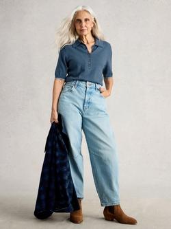 White Stuff Poppy Knit Polo Shirt, Mid Blue