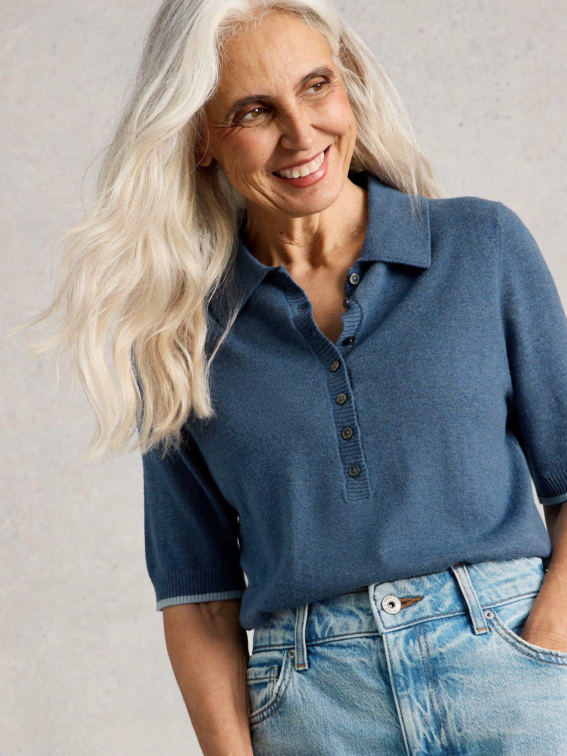 Product image 4 of 6, which shows White Stuff Poppy Knit Polo Shirt, Mid Blue, 6