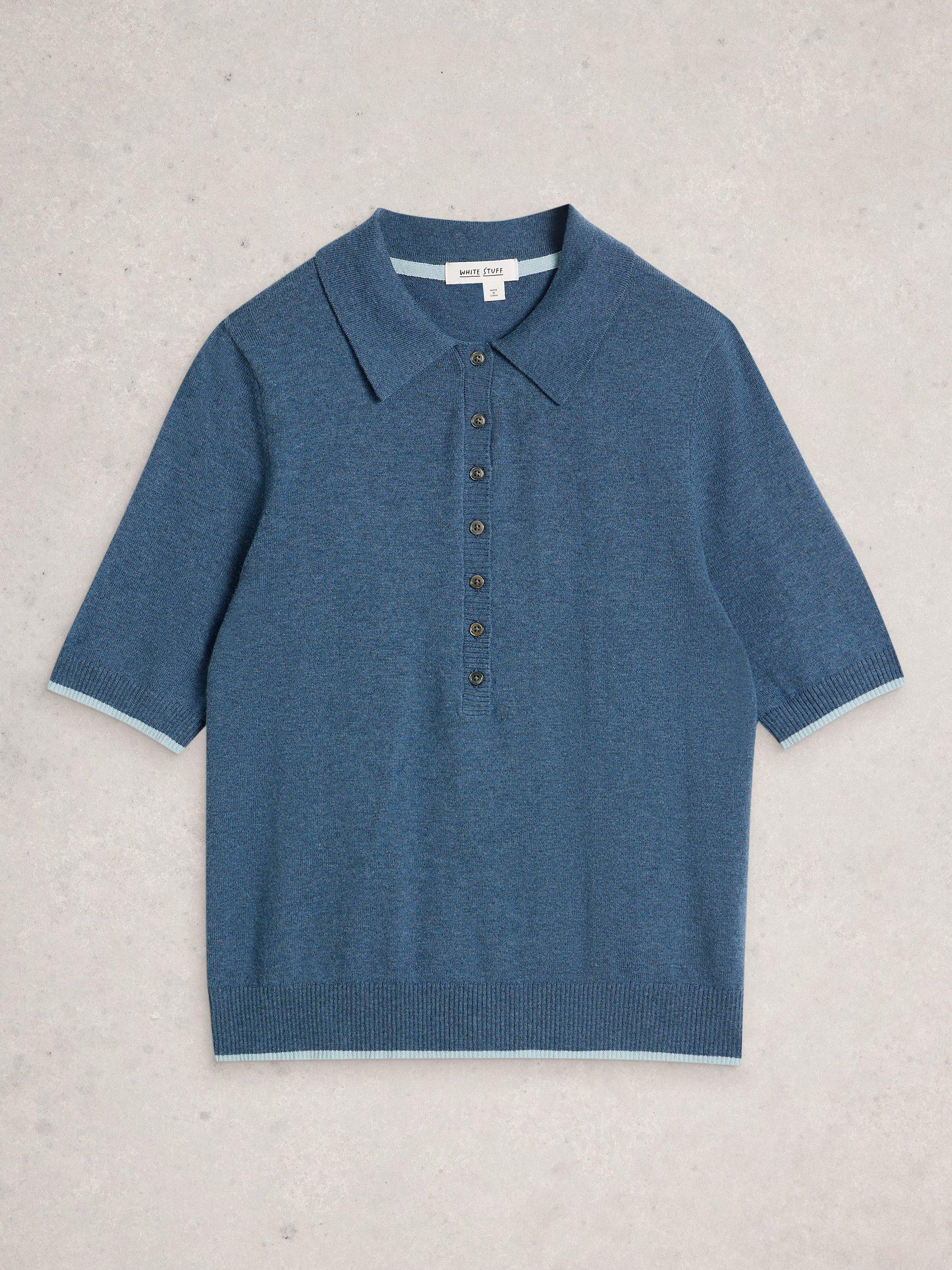 Product image 5 of 6, which shows White Stuff Poppy Knit Polo Shirt, Mid Blue, 6