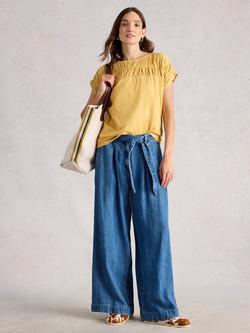 White Stuff Pure Cotton Boat Neck Ruched T-Shirt, Light Yellow, Light Yellow