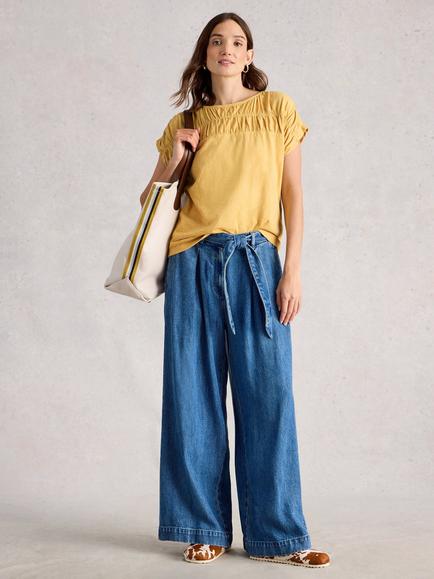 White Stuff Pure Cotton Boat Neck Ruched T-Shirt, Light Yellow, Light Yellow