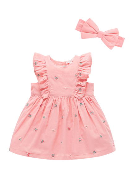 Purebaby Baby Swallow Cotton Broderie Dress & Headband Set, Swallow Broderie, Swallow Broderie