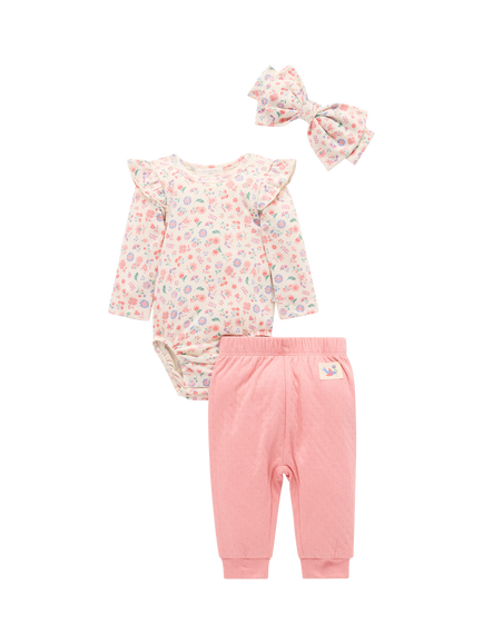 Purebaby Baby Ruffle Bodysuit, Leggings & Headband Set, Floral Print, Floral Print