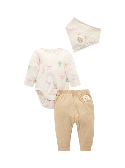 Purebaby Baby Bodysuit, Leggings & Bib Set, Little Llamas Print, Little Llamas Print