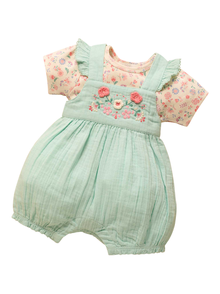 Purebaby Baby Embroidered Overall & T-Shirt Set, Aloe, Aloe