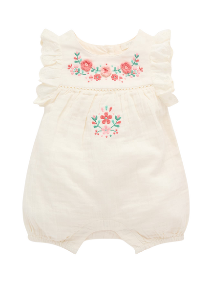 Purebaby Baby Embroidered Romper, Cloud, Cloud