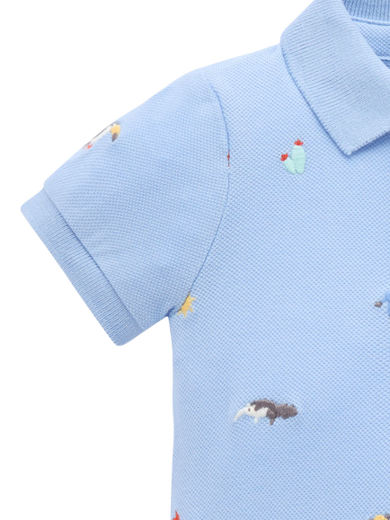 Purebaby Baby Animal Fiesta Polo Romper, Anml Fiesta Broderie - view 2, Anml Fiesta Broderie