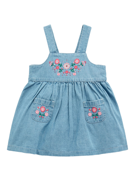 Purebaby Baby Cotton Embroidered Pinafore Dress, Faded Denim, Faded Denim