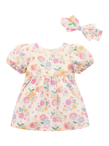 Purebaby Baby Cotton-Linen Floral Dress & Headband Set, Mexican Floral, Mexican Floral