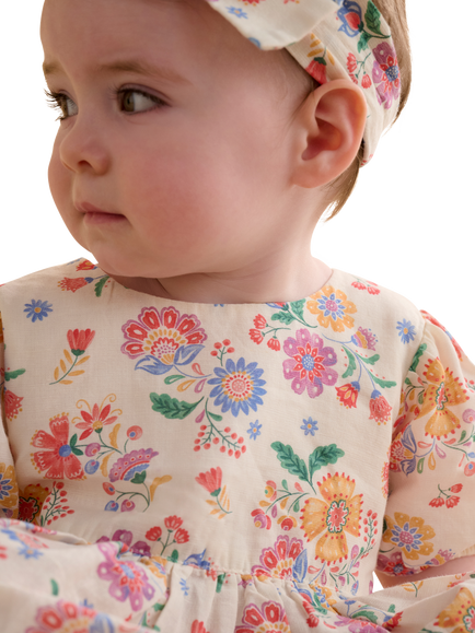 Purebaby Baby Cotton-Linen Floral Dress & Headband Set, Mexican Floral - view 2, Mexican Floral