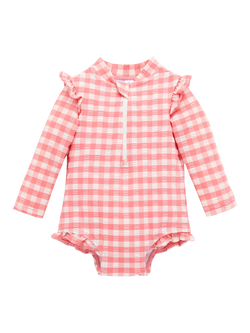Purebaby Baby Frilly Long Sleeve Swimsuit, Pomegranate Gingham, Pomegranate Gingham